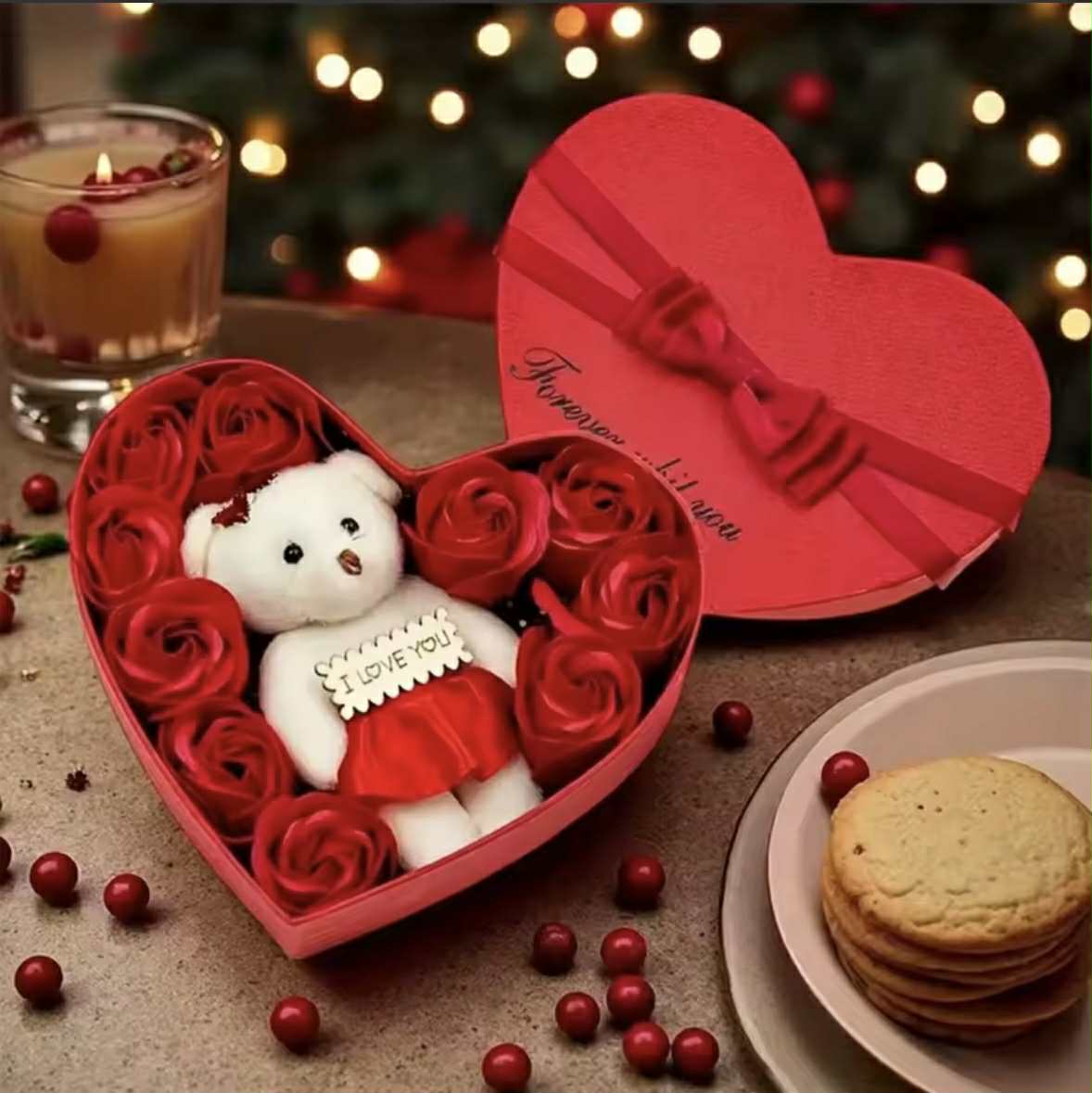 Róże z Misiem w Pudełku Serca - Czerwone